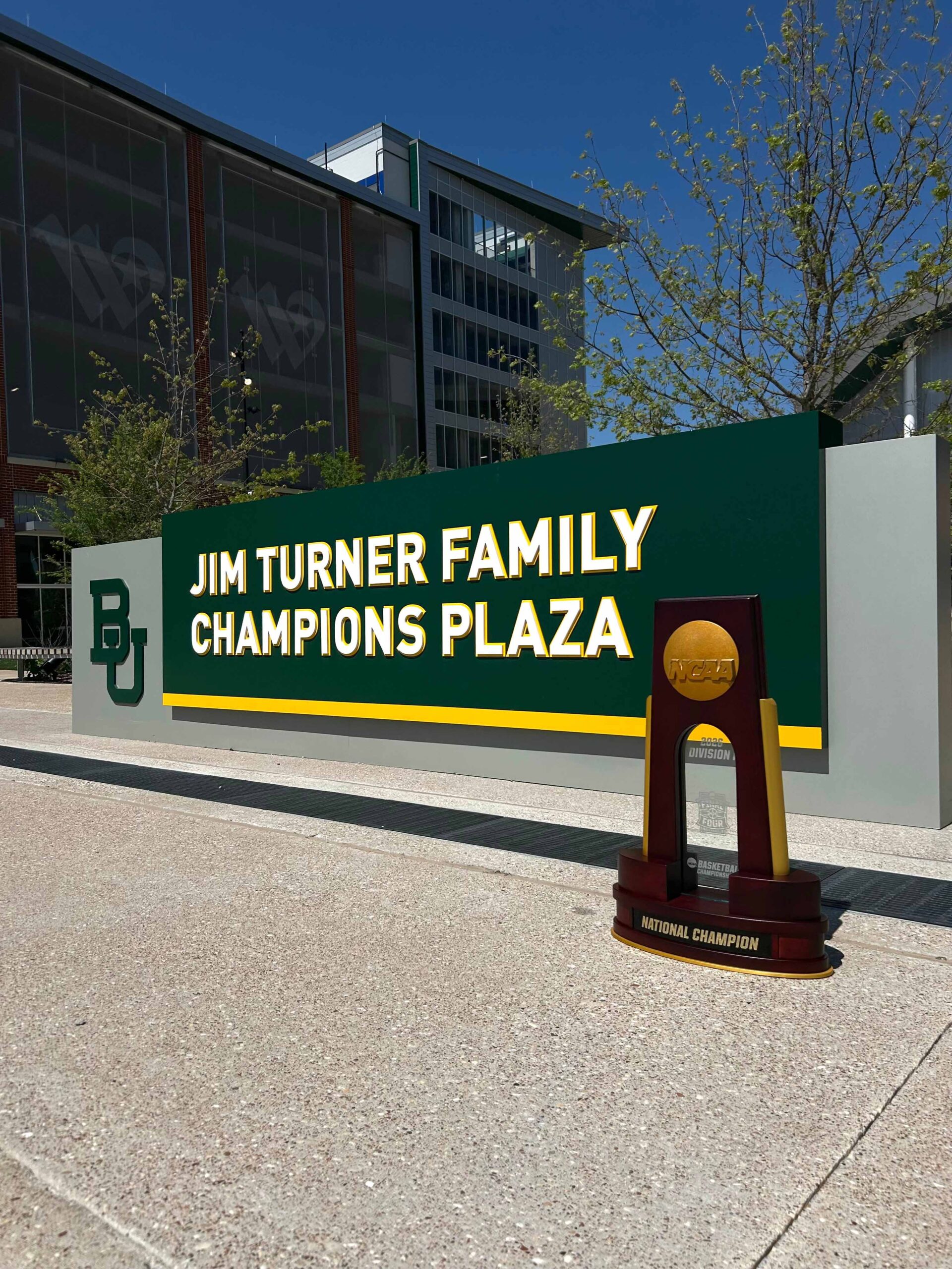 The 2026 NCAA Men's Final Four Trophy at the Jim Turner Family Champions Plaza at Baylor University.