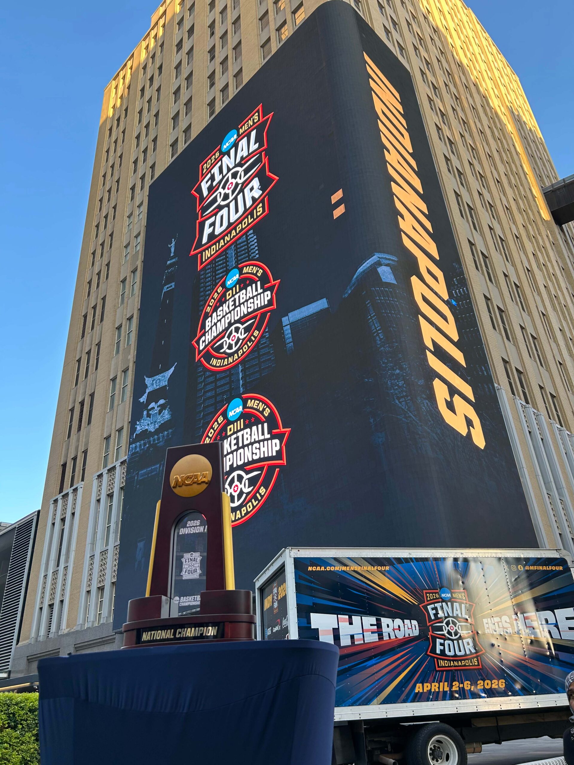 The 2026 NCAA Men's Final Four Trophy and Fan Jam truck at the Discovery District in Dallas, Texas.