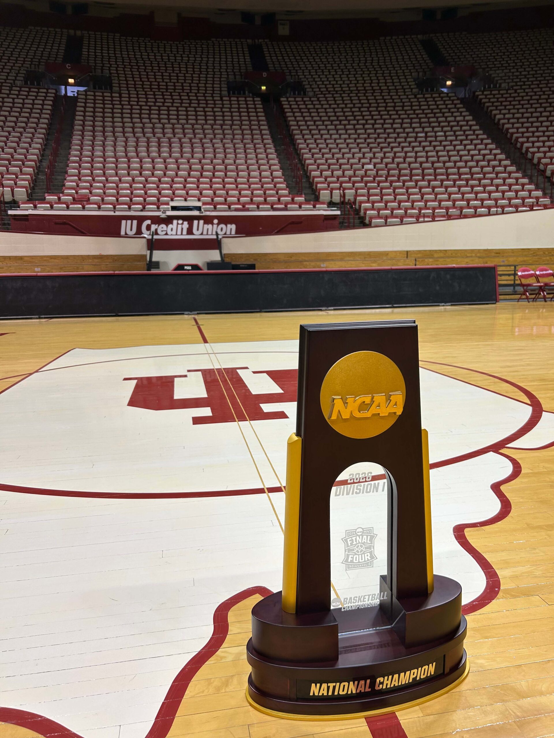 The 2026 NCAA Men's Final Four trophy on the court at Simon Skjodt Assembly Hall at Indiana University Bloomington.