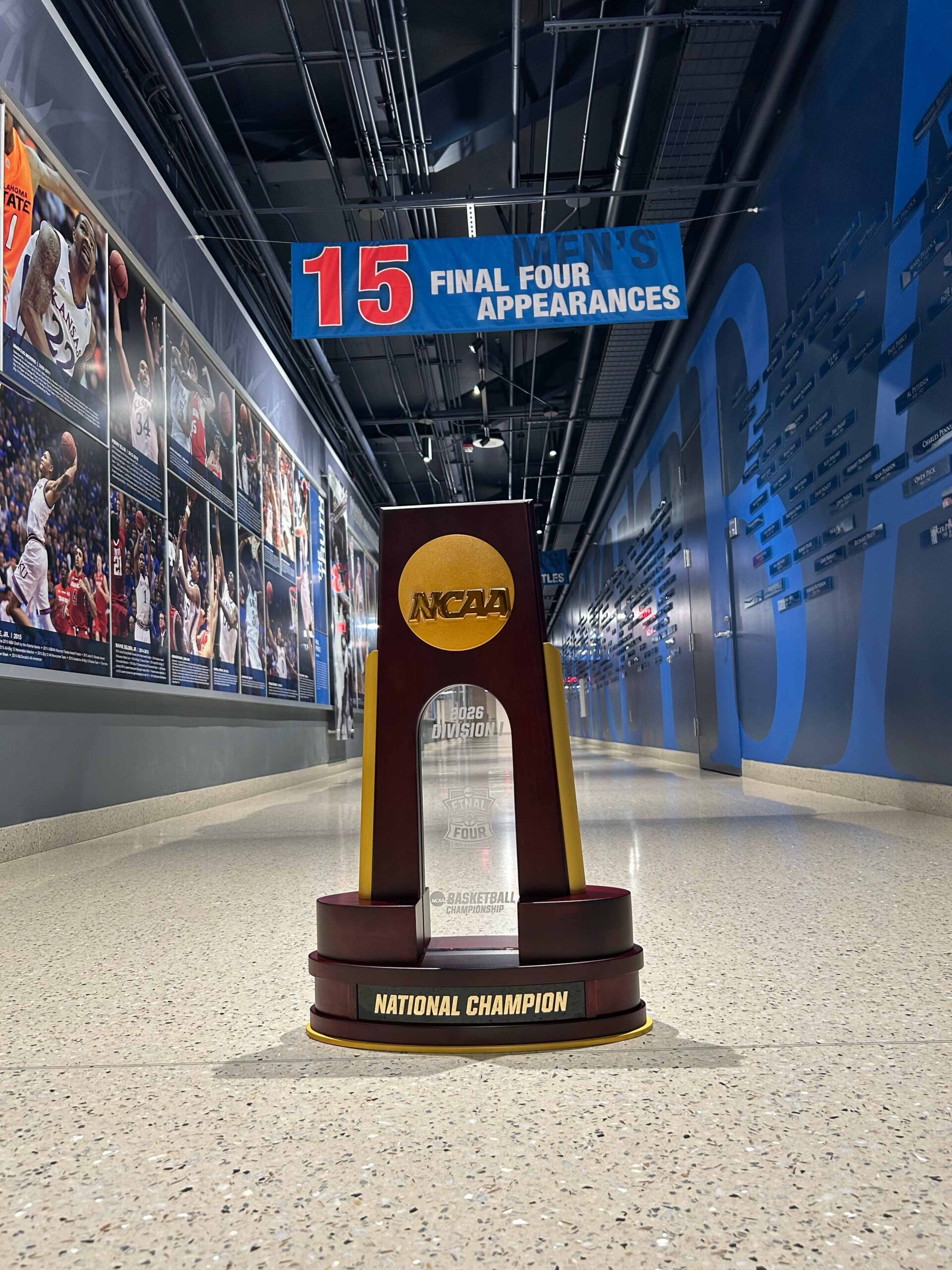 The 2026 NCAA Men's Final Four trophy at Allen Fieldhouse at the University of Kansas