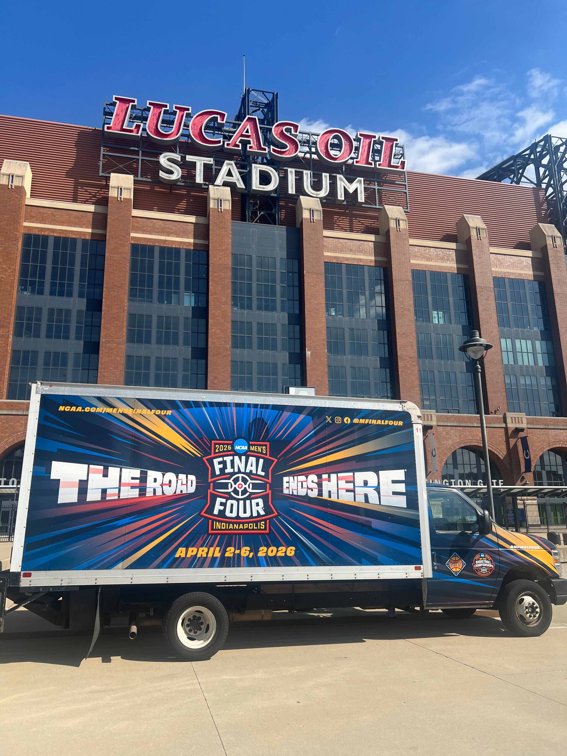 The Fan Jam truck for the 2026 Men's Final Four outside of Lucas Oil Stadium in Indianapolis.