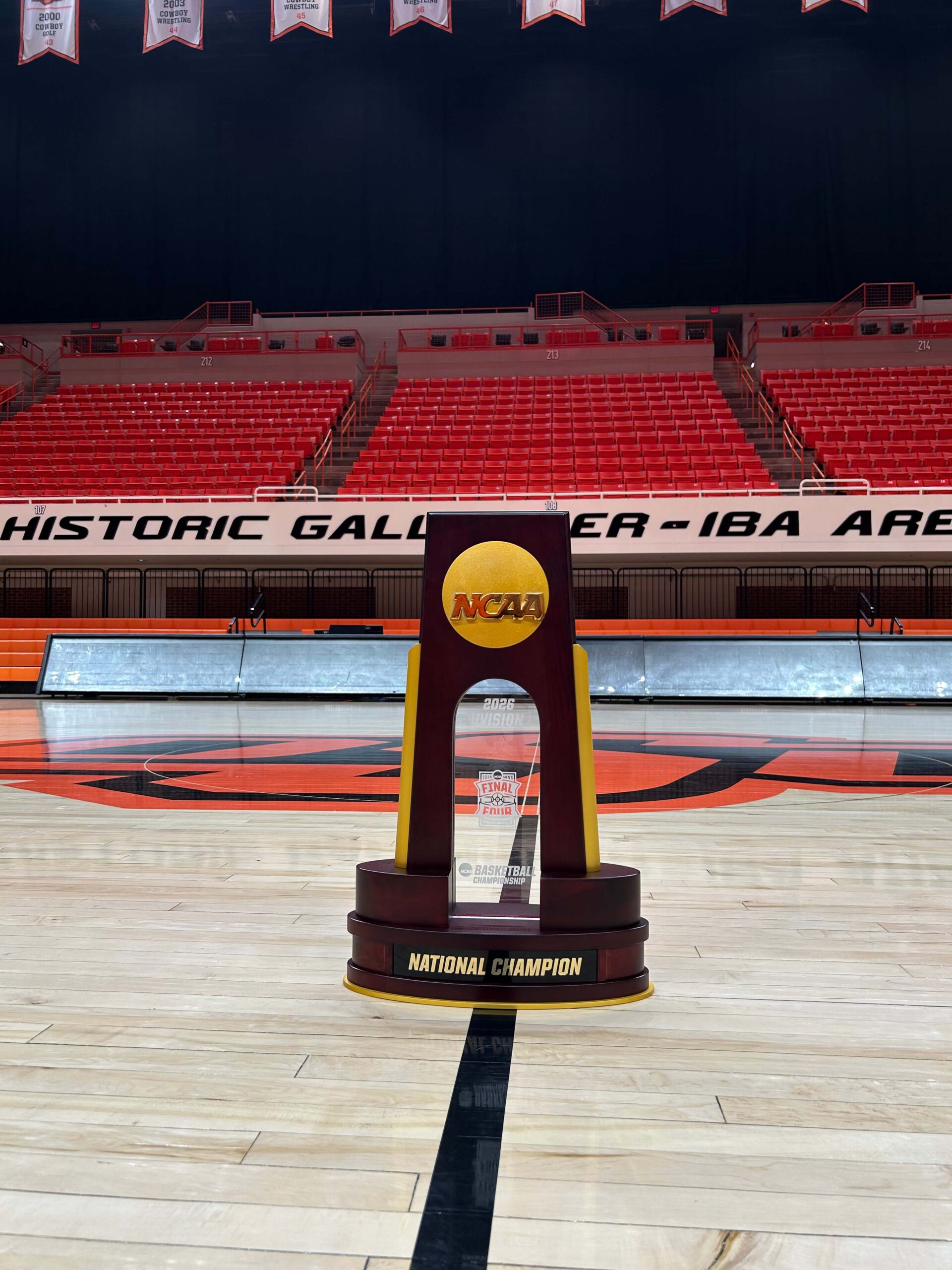 The 2026 NCAA Men's Final Four Trophy on the court at Gallagher-Iba Arena at Oklahoma State University.