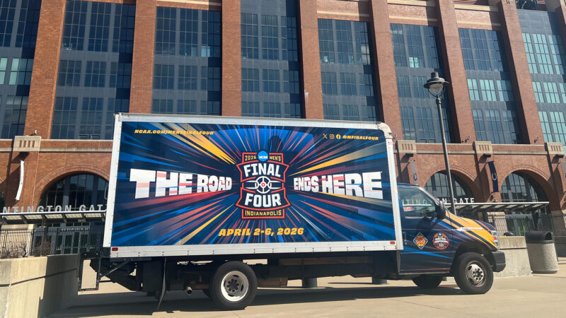 Photo of Fan Jam truck. "The Road Ends Here" is printed on the side of the truck with the 2026 Men's Final Four Indianapolis logo. It also says the dates April 2-6, 2026.