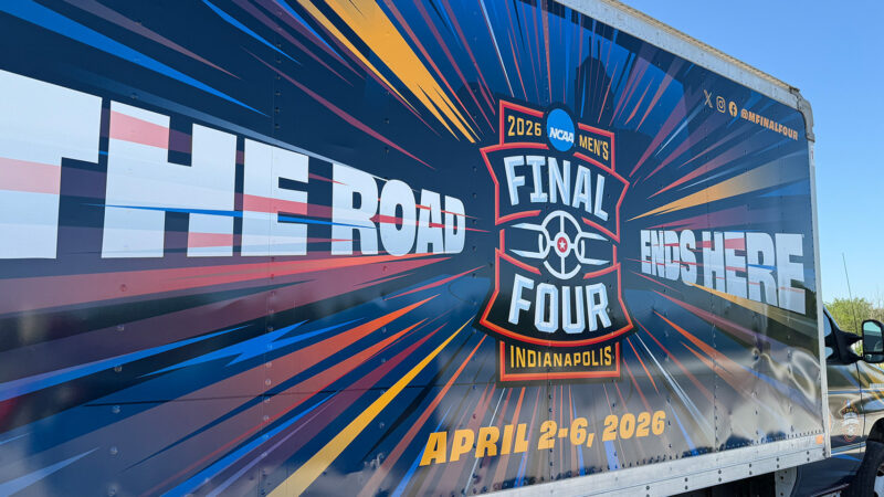Photo of Fan Jam truck. "The Road Ends Here" is printed on the side of the truck with the 2026 Men's Final Four Indianapolis logo. It also says the dates April 2-6, 2026.